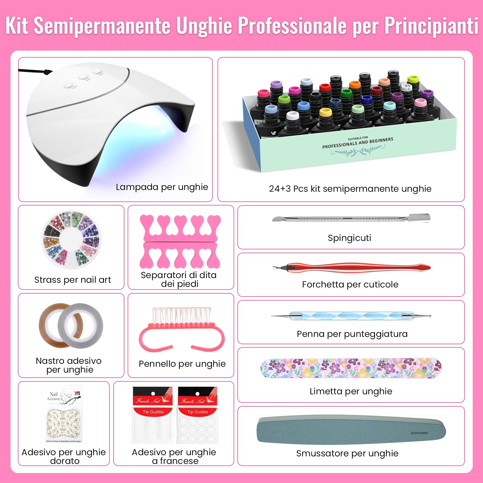VANREESA Kit Semipermanente Unghie, 24 Colori Kit Unghie Gel Completo con 36W Lampada U V e Base Top Coat Arancione Verde Viola Smalto Semipermanente Set Manicure per Principianti Regalo per Le Donne