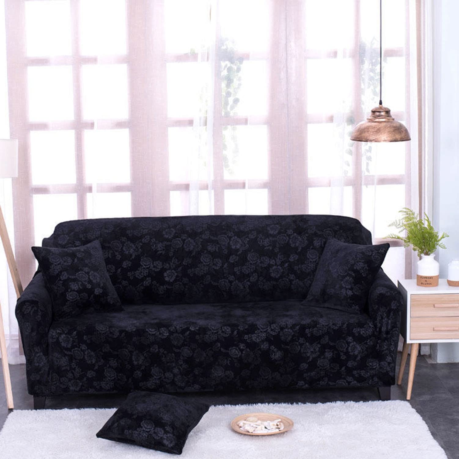 Housse de canapé jacquard extensible noir 1 place pour fauteuil de salon