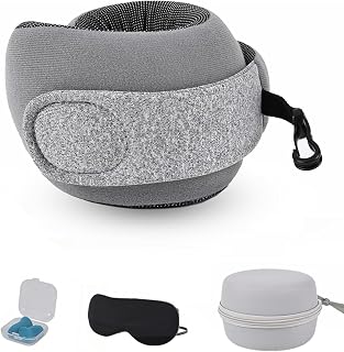 Nackenkissen Flugzeug, Memory Foam mit Ohrstöpseln, Augenmaske,Tragetasche | Verstellbare Klettverschlüsse, leicht mitzunehmen, Ergonomisches, Ergonomisches Reisekissen für Flugzeug, Zug & Auto