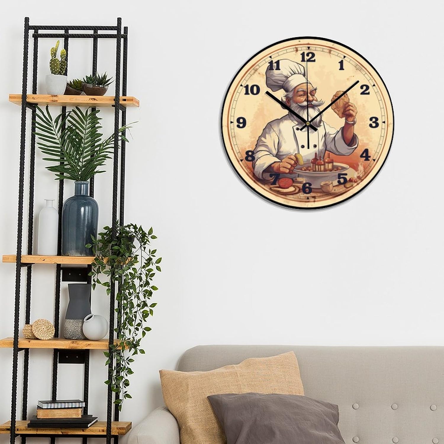 Itanlian Chef Clock Round Wall Clock Non-Ticking Quartz Battery Operated 12 Inch Vintage Farmhouse Wood Wall Clocks Decor for Living Room Bathroom Bedroom Office Home