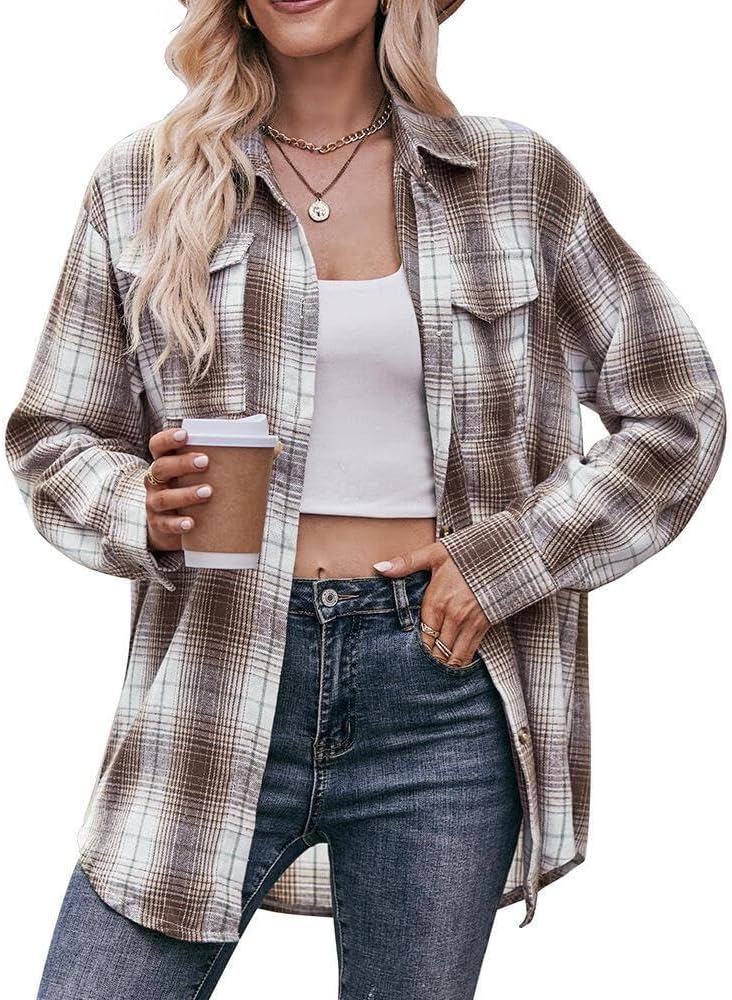 FMCHICO Womens Color Block Button Down Shirts Plaid Long Sleeve Oversized Boyfriend Blouses Tops