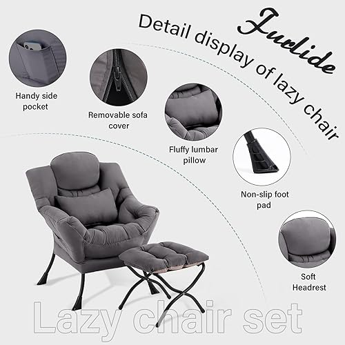 Miniatura 7 de Silla perezosa con otomana, cómoda silla de descanso de tela con almohada lumbar y reposapiés plegable, sillón de lectura para dormitorio, sala de