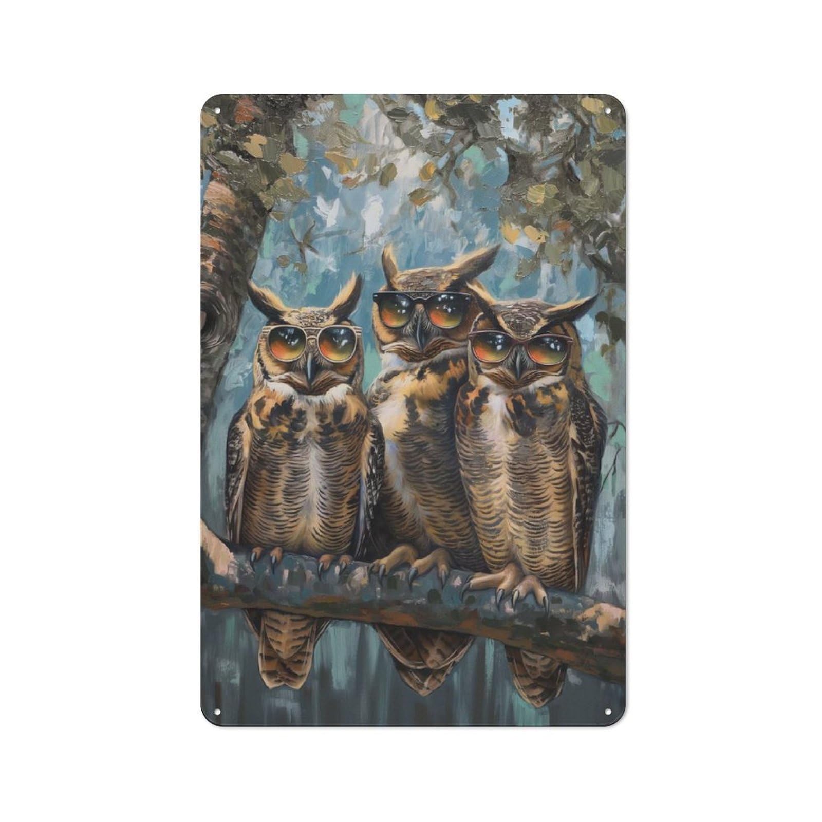 Decorative Metal Plaque with Hilarious Owls Sunglasses Design 30x20cm, Casual Utility Space Decor for Patio Bar, Workshop, Shed Or Kitchen