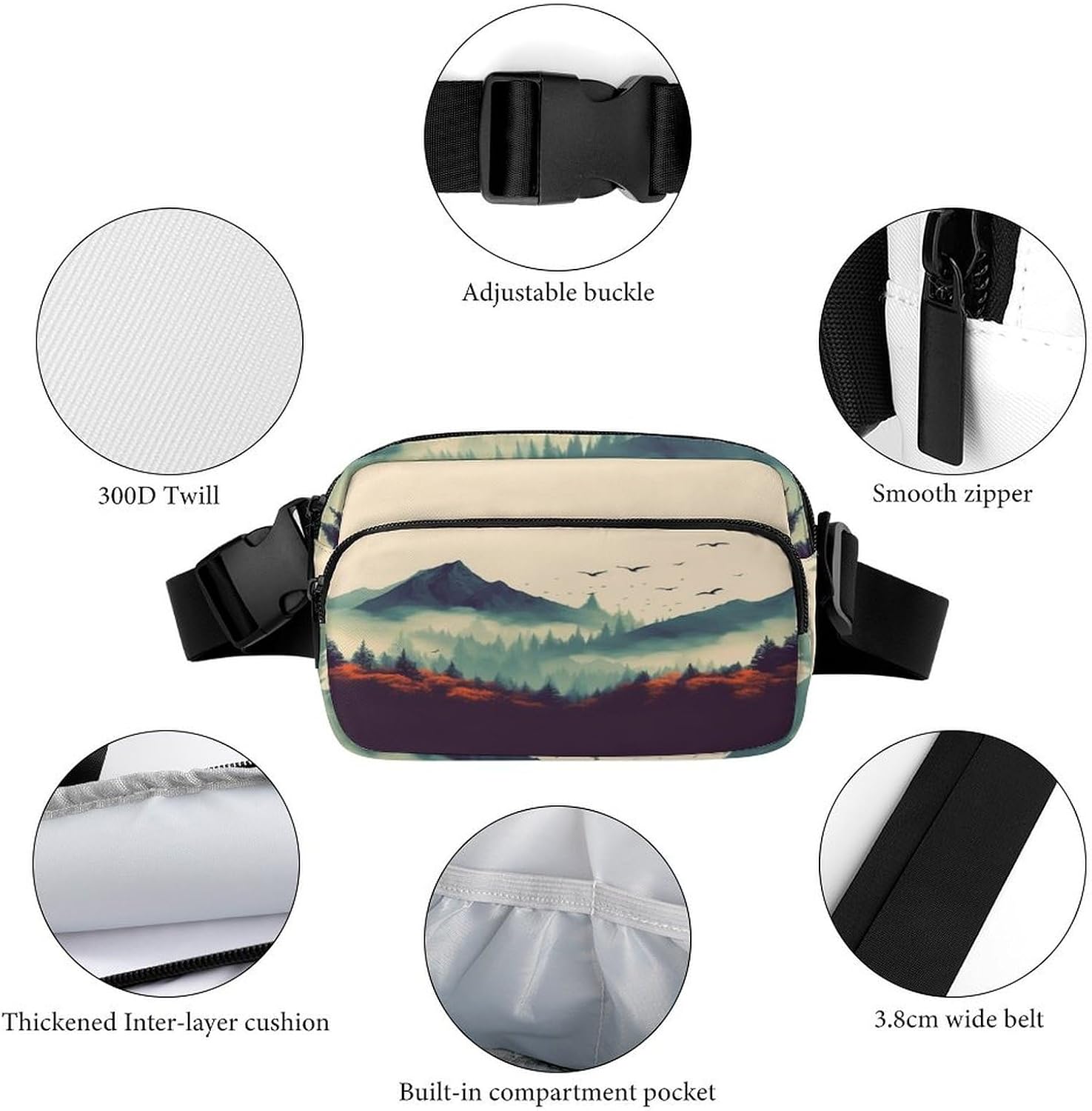 Landscape Mountain Fanny Pack Belt Bag with Adjustable Strap Fashion Waist Bag for Outdoor Sports Hiking