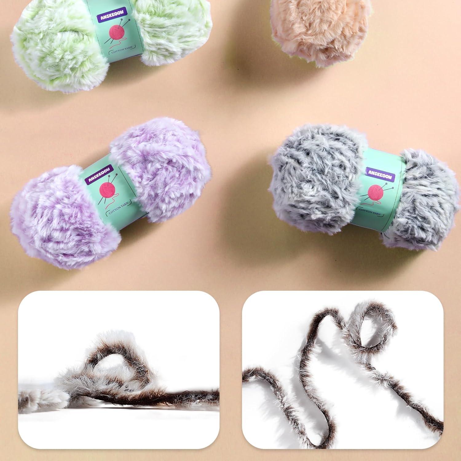 6 Skeins Faux Fur Yarn Soft Fluffy for Crocheting - Chunky Fuzzy Yarn for Crochet Amigurumi, Hat, Shawls, Total Length (71x6) Yards (Khaki)