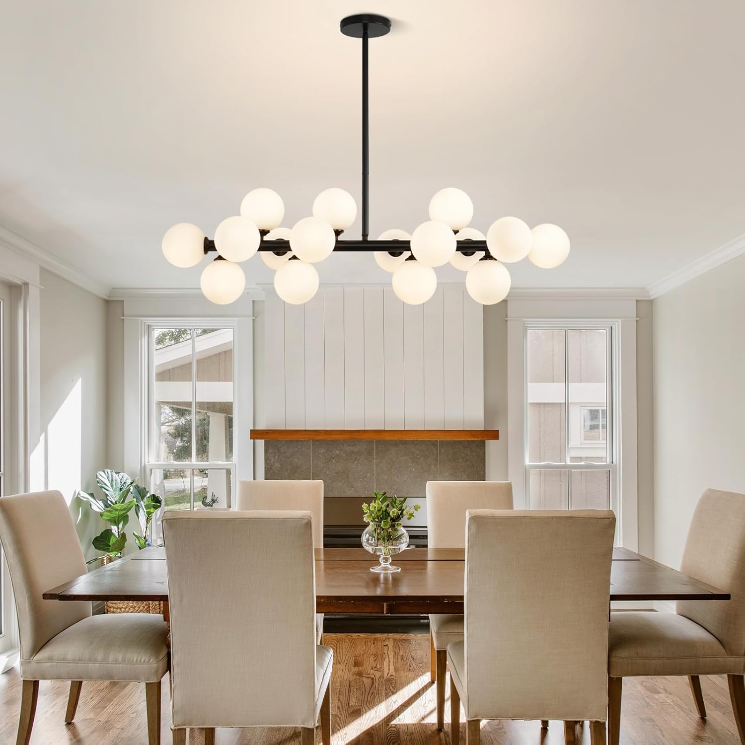 Dining Room Chandelier Light Fixtures Over Table, 16-Light Black Globe Chandelier, Mid Century linear Hanging Pendant Lighting Fixture with white glass Lampshade for kitchen island , Office, bar