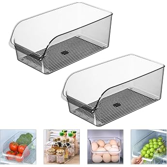 Friendjia 2 x Large Fridge Organisers - Food Grade Crisper, BPA-Free Clear Organiser for Kitchen, Fridge and Other Organisers