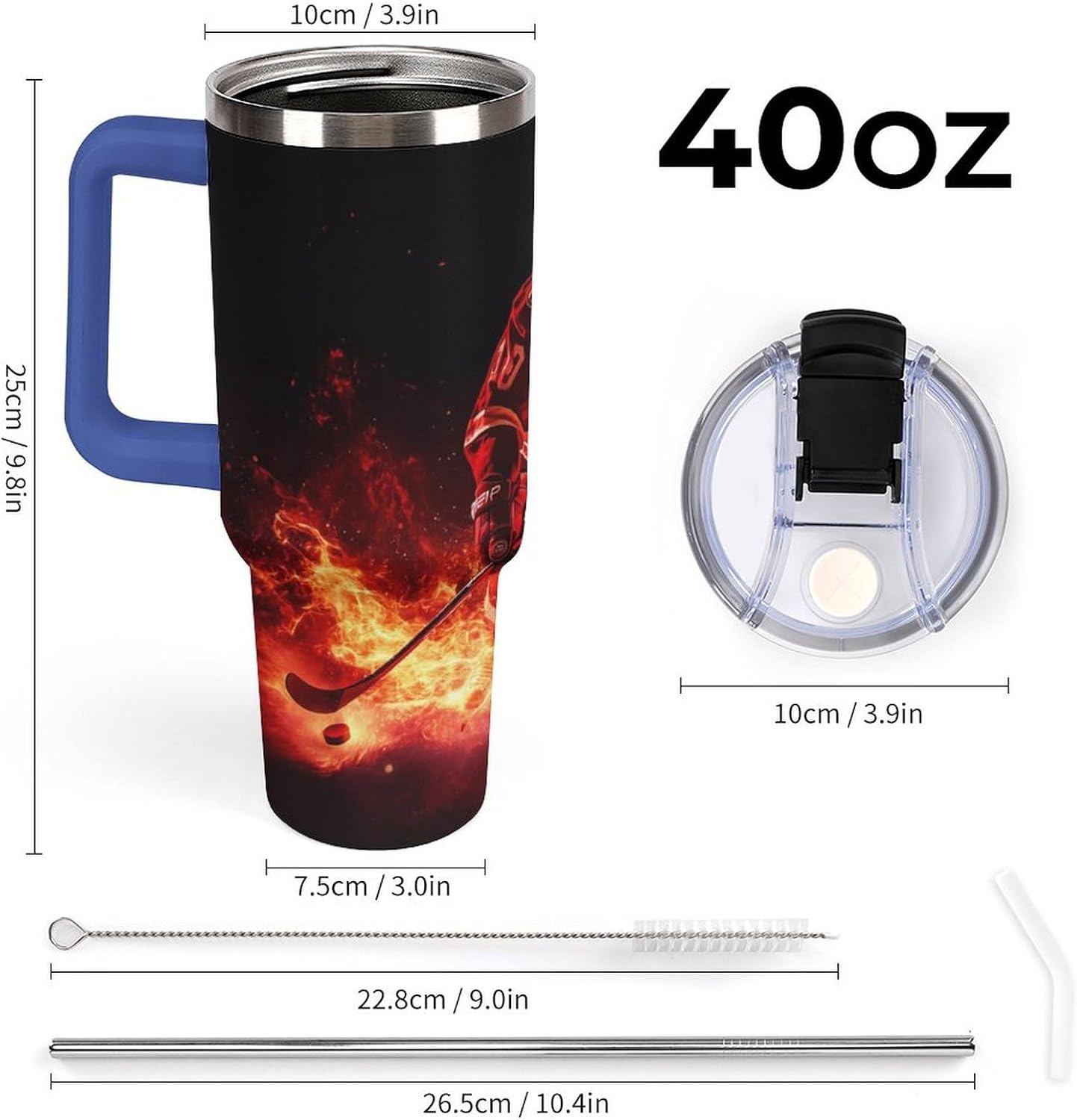Fire Ice Hockey Player Travel Mug 40oz Insulated Tumbler with Lid And Straw Coffee Mug Car Cup Deep Blue-style