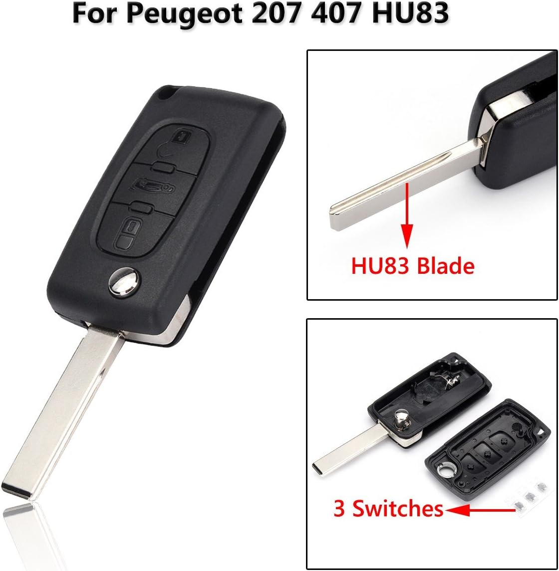 AutoE 3 Button Hu83 Car Remote Flip Key Fob Case Repair Kit For Peugeot 207 307 308 407 SW CC
