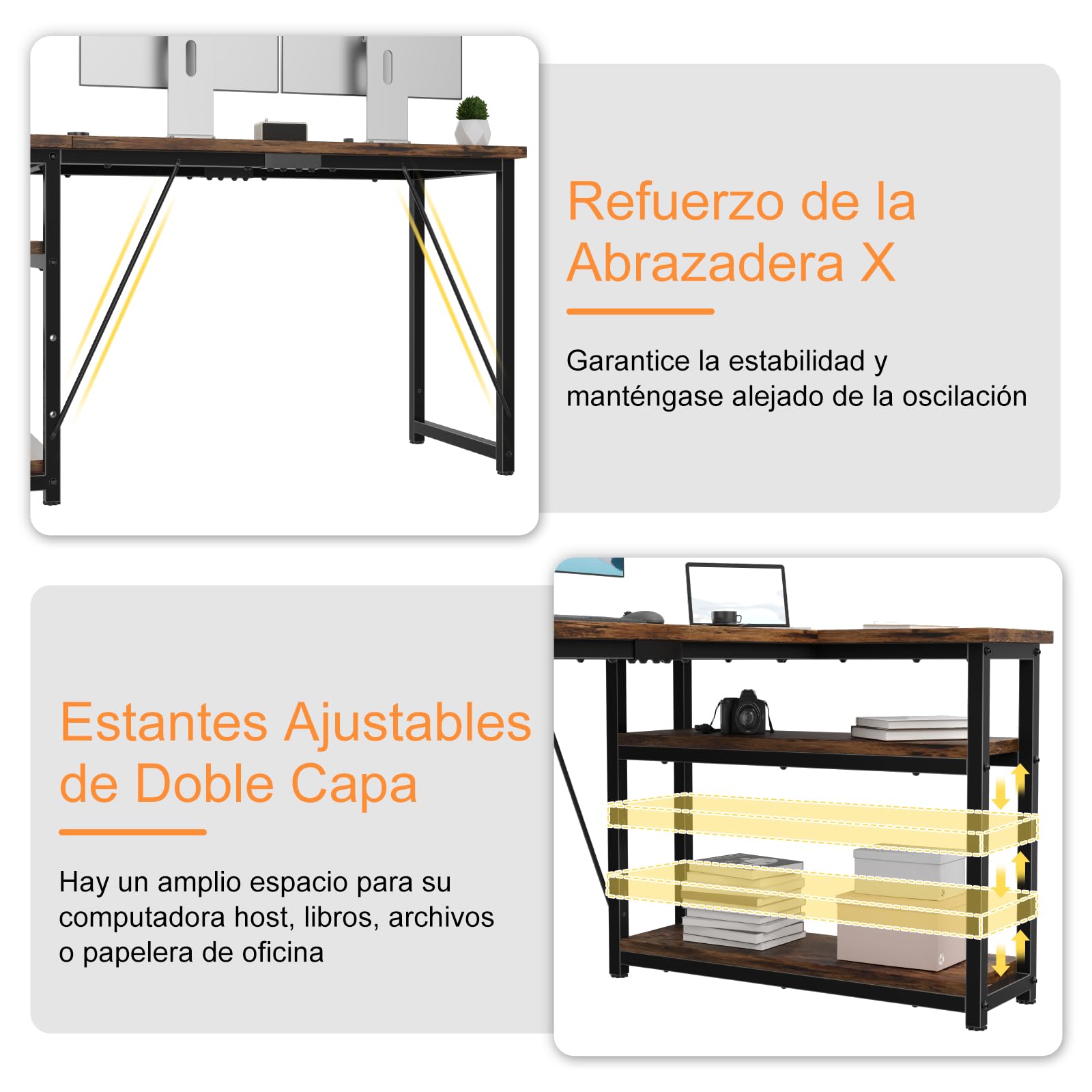 TRIUMPHKEY Escritorio Esquinero en L de 160x80 cm con Almacenamiento, Escritorio de Esquina con Estante Reversible, Estable Mesa Ordenador en L para Oficina, Estudio o Secretaría, Marrón