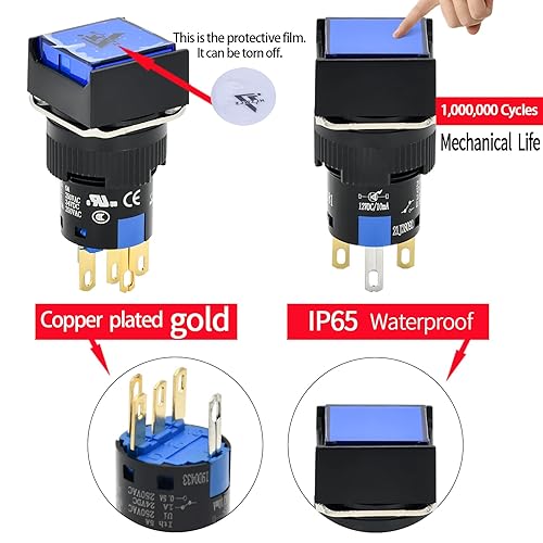 Miniatura 4 de Interruptor de botón pulsador de 0.630 in, forma cuadrada, interruptor momentáneo 1NO 1NC SPDT de 58 pulgadas de encendidoapagado con luz LED de 12
