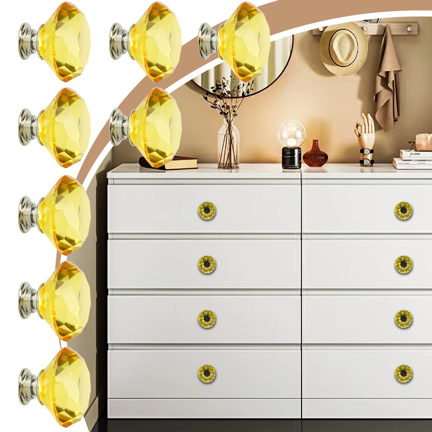 JIABOSE 10pcs 40mm Yellow Crystal Door Knobs for Cabinet Drawer Wardrobe Home Decorating with Silver Base - Image 4