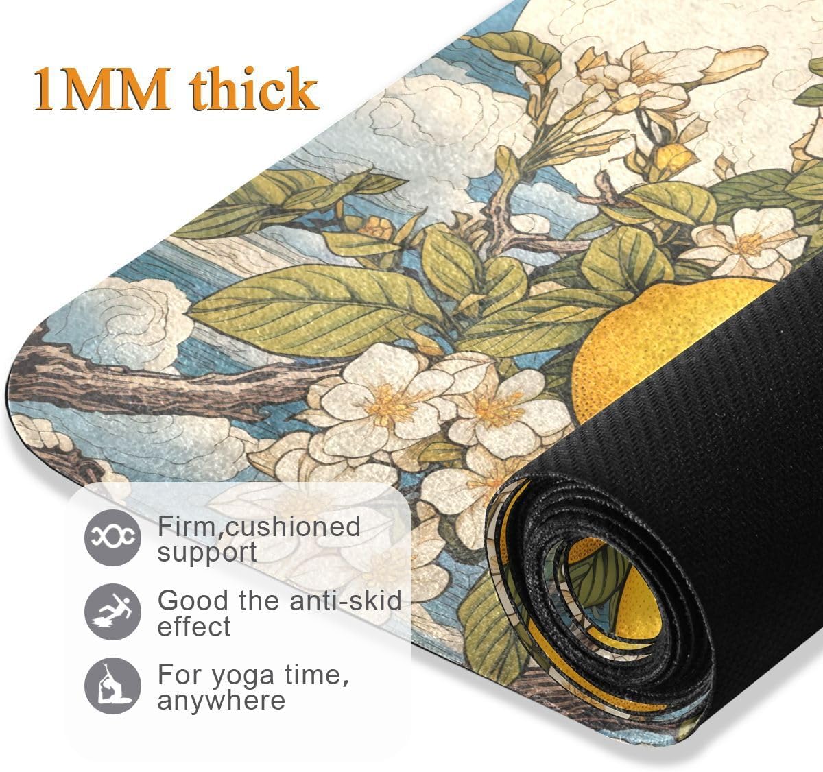 ALAZA Lemon Floral Moon Wave Yoga Mat Non Slip Fitness Exercise Mat, Workout Mat for Yoga, Pilates and Floor Exercises