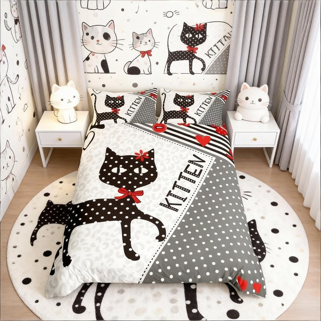 Loussiesd Cat Duvet Cover Cute Kitten Print Bedding Set Pet Cats Pattern Comforter Cover for Boys Girls Kids Black White Red Leopard Print Lightweight Bedspread Cover Super King With 2 Pillow Case — image 1