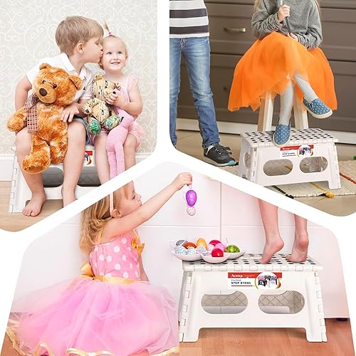 Miniatura 29 de ACSTEP Taburete plegable de 15 pulgadas, extra ancho, 9 pulgadas de altura, resistente, más seguro y cómodo, antideslizante, plegable para niños y