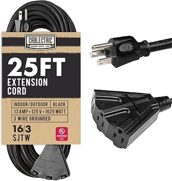 25FT Outdoor Extension Cord with Power Block - 16/3 Black SJTW - Cable with 3 Prong Grounded Safety Lighted Plug