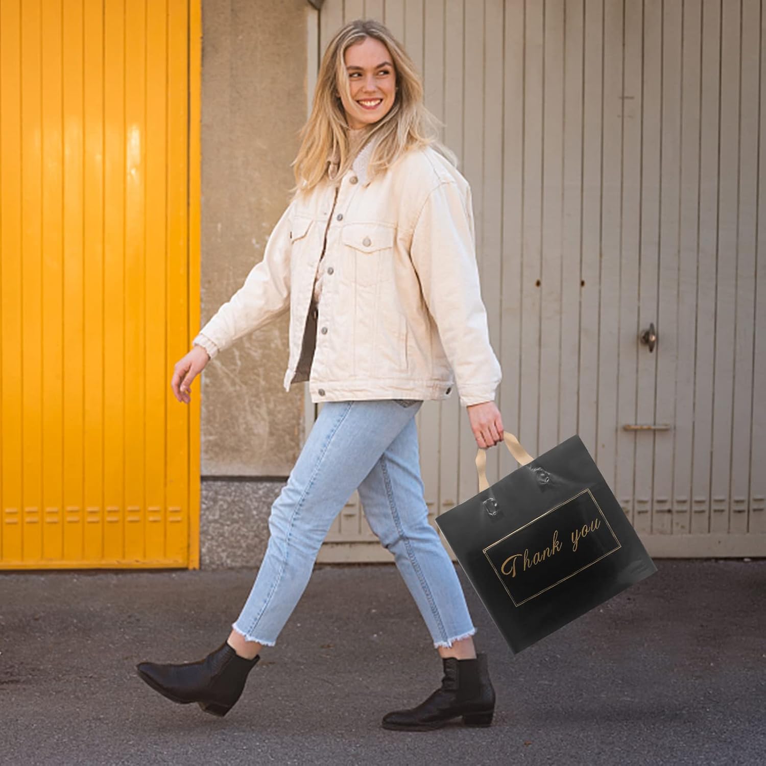 WAKAKO 60 Pack Thank You Shopping Bags, Boutique 15x12 Inch Thank You Plastic Shopping Gift Bags with Handle for Small Business, Black - Image 7