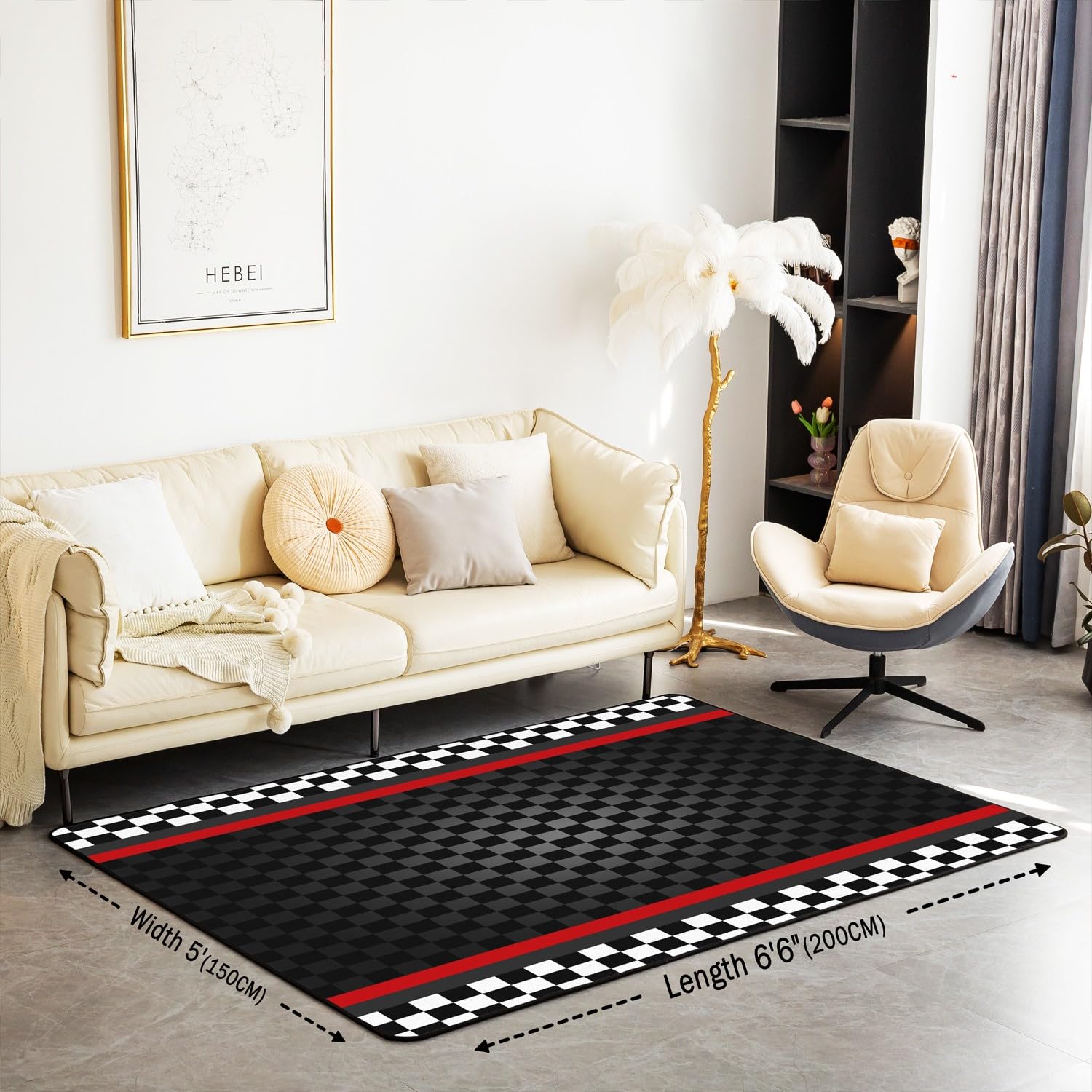 Racing Car Track Area Teppich 100x150,Schwarze Wabengeometrie rutschfeste Teppich, Schwarze weiße Flagge Plaid Dekor Teppich für Wohnzimmer Schlafzimmer