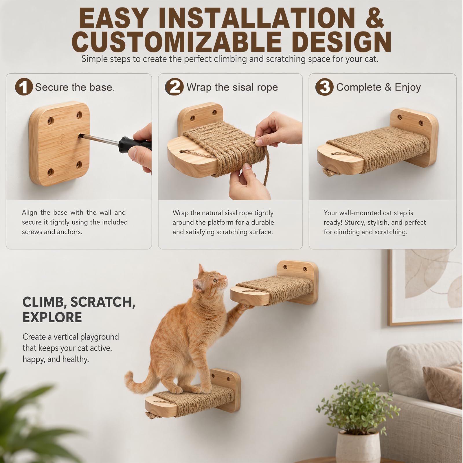 Lot de 2 escaliers muraux pour chat, mur d'escalade, planches pour chat avec corde de jute à gratter, plateforme pour chat en bois d'hévéa massif, pour escalade, jeu, capacité de charge maximale de 35