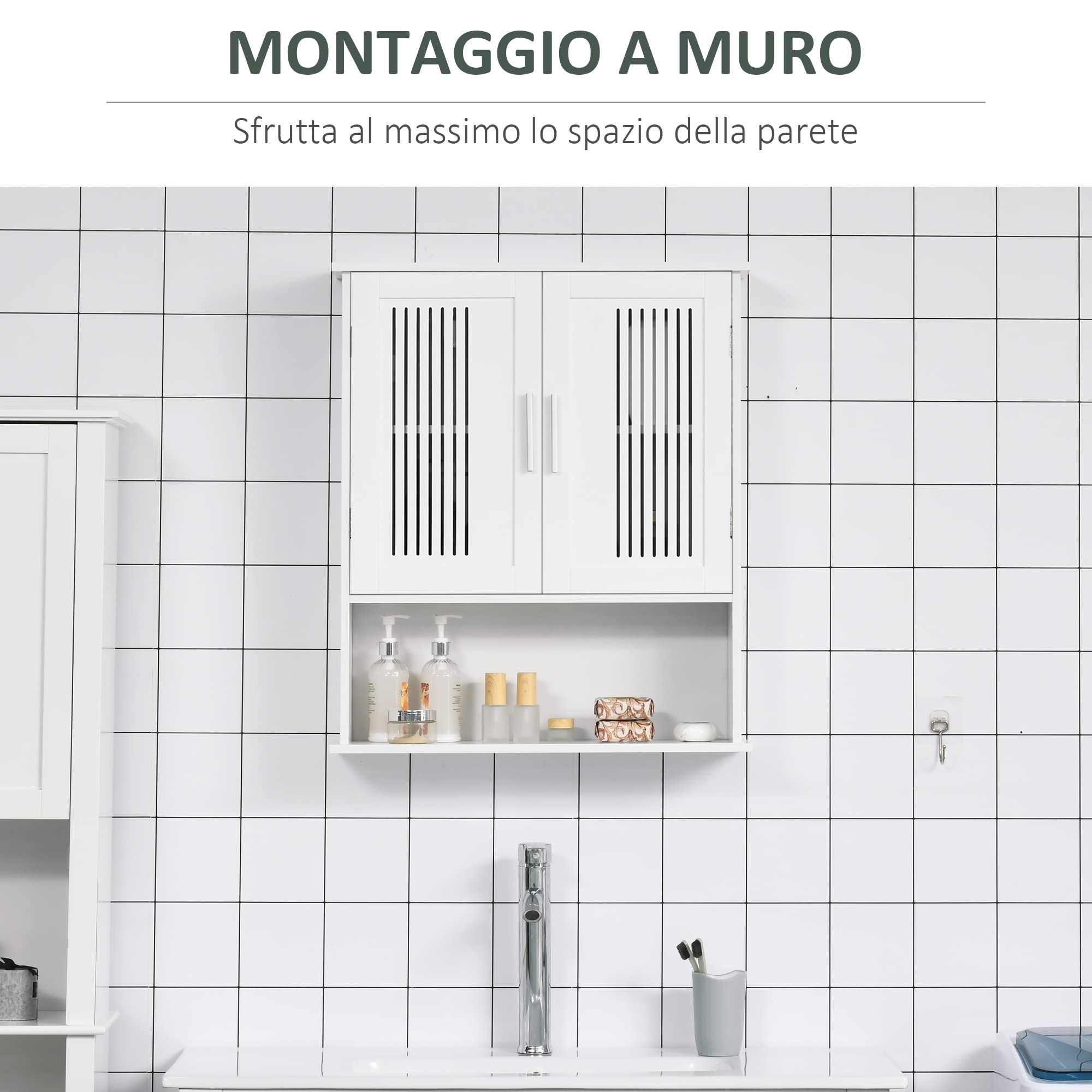 kleankin Mobiletto da Bagno a Muro, Mobiletto Multiuso Salvaspazio con Armadietto a 2 Ante e Ripiano Inferiore Bianco, 60x20x70cm