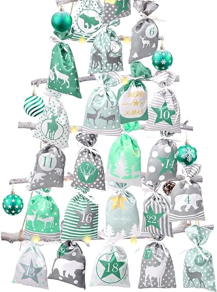 Calendrier de l'Avent à remplir - Grand format (12 x 21,5 cm) - 24 sachets en tissu - Chaîne à bricoler et à suspendre - Calendrier de Noël 2026 à remplir soi-même avec des sacs en tissu pour enfants