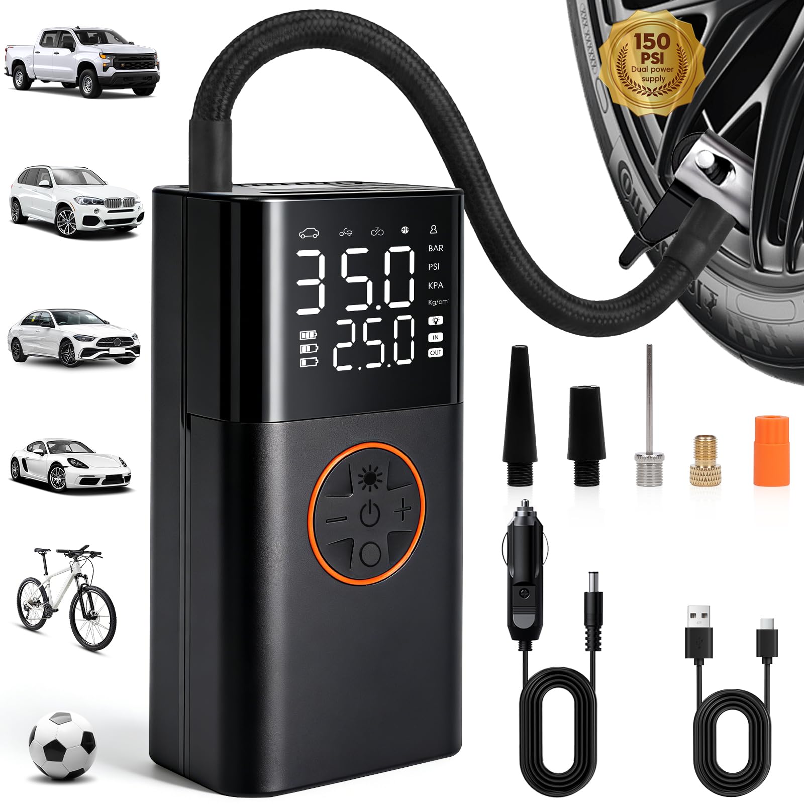 Photo 1 of [UNTESTED] HXHWISE Tire Inflator Portable Air Compressor, 150PSI Dual Power Cordless & 12V Car Plug, Fast Inflation Air Pump with LCD Display & Auto-Stop, for Car Tires, Motorcycle, Bike & Ball