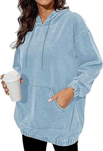 Womens Denim Hoodie Pullover Casual Distressed Washed Jean Jacket with Pockets Vintage Acid Wash Hoodie Sweatshirts