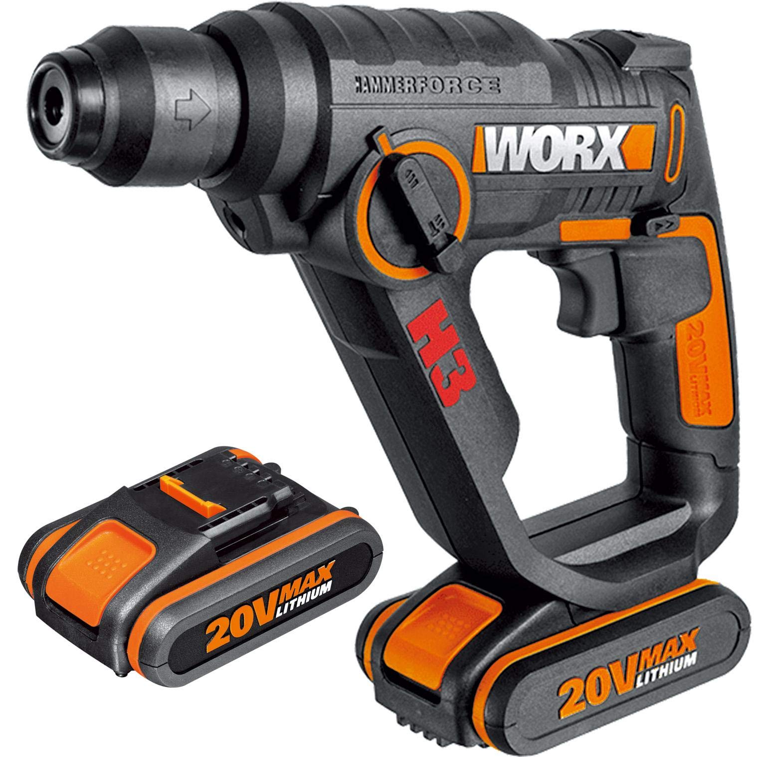 WORX WX390.1 H3 Martello Pneumatico, Trapano e Avvitatore 20V - 2 Batterie da 20V da 2,0Ah Li-Ion | Energia d’impatto 1,2 J e meccanismo pneumatico, per avvitare, forare e forare a percussione