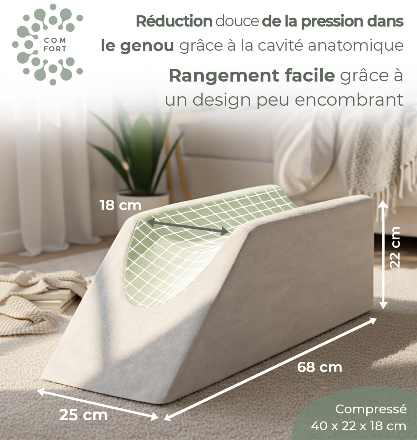 Coussin élévateur de jambes pour maintien de genoux et dos - Ergonomique, oreiller de elevation, relève-jambes, repose-jambe - housse rafraîchissante amovible et lavable