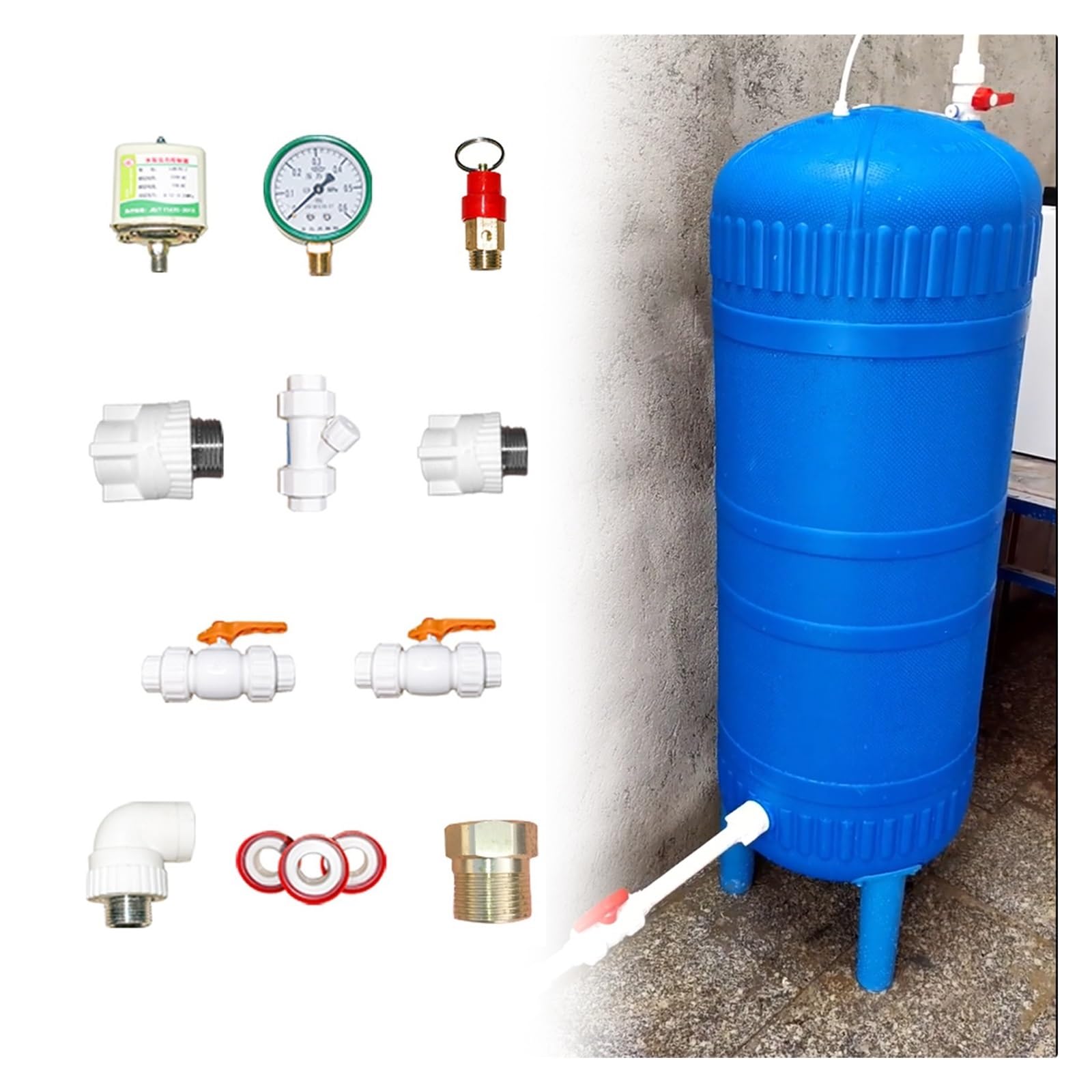 Vaso de expansión Tanque De Presión Para Bomba De Pozo, Vivienda Rural Tanque De Almacenamiento De Agua De Polietileno Con Kit De Montaje, Con Válvula De Purga De Aire(60L/15.8Gal - 31.5x13.7in)