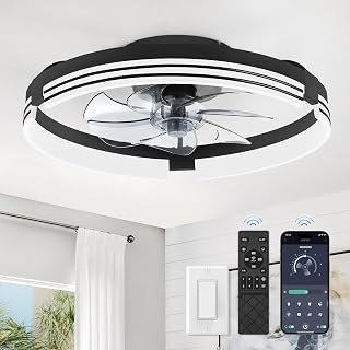ZMISHIBO 20 Inch Low Profile Flush Mount Ceiling Fan with Lights & Remote - Dimmable 3000K-6000K LED, 6 Speeds, Reversible, Quiet Black Fandelier for Bedroom