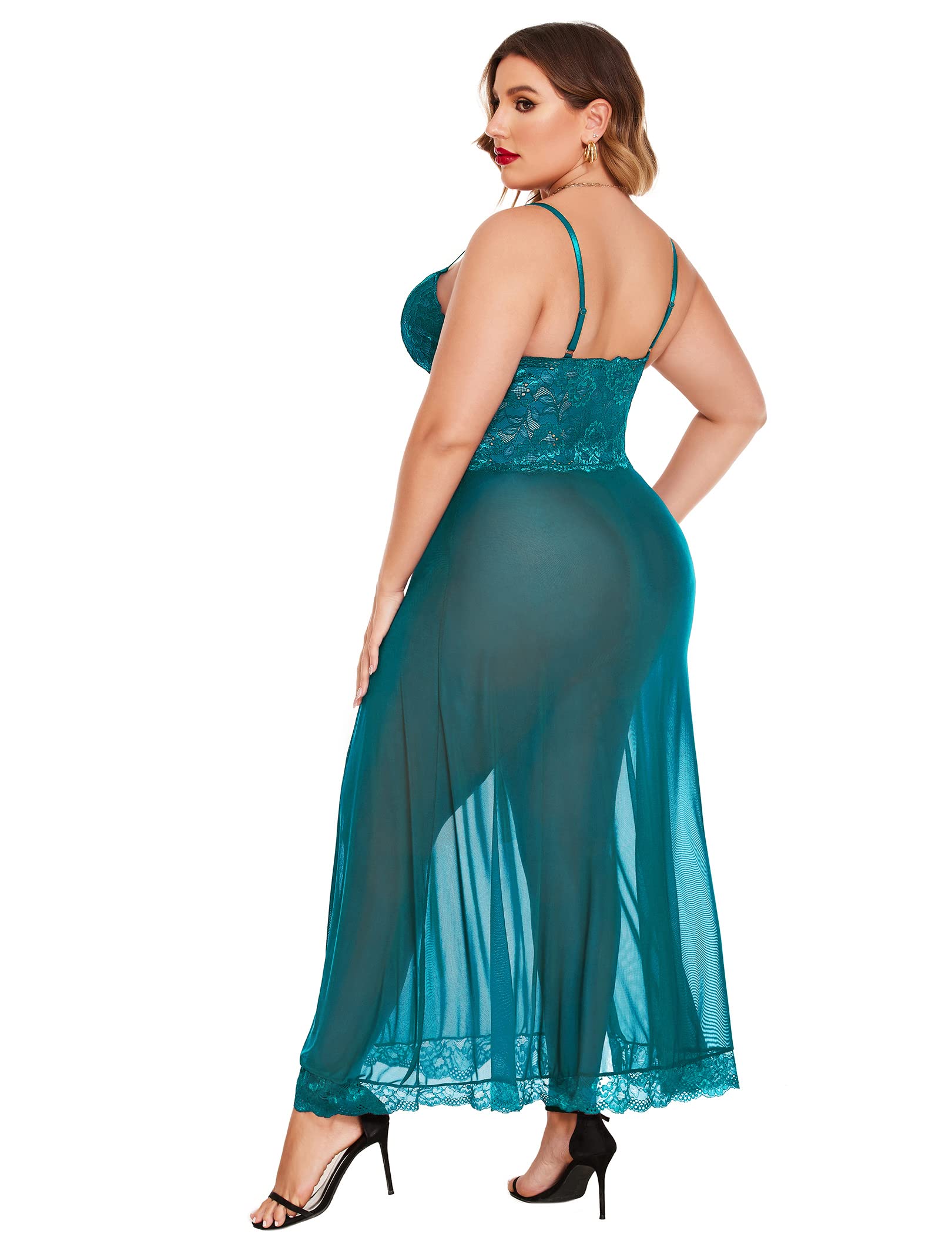 Avidlove Plus Size Lingerie for Women Sexy Lace Babydoll Long Lingerie Dress Side Split Nightgown: Blue Green X-Large