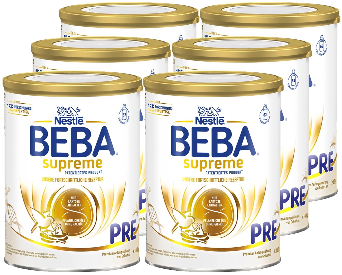 BEBA SUPREME PRE - Anfangsmilch von Geburt an, Patentiertes Produkt, Nur Laktose, Ohne Palmöl, Ohne Fischöl, Babynahrung, Baby-Milchpulver, 6er Pack (6 x 800g)