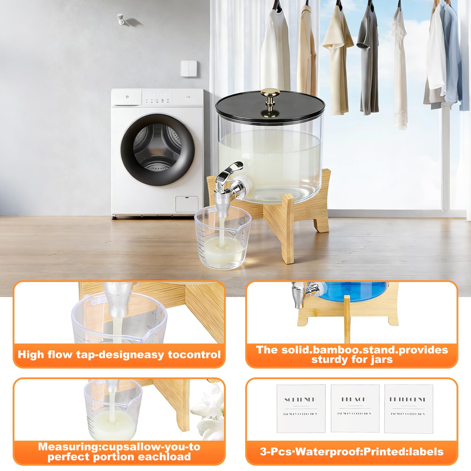 Płynny detergent w wylewie, 2,5L Pod do przechowywania z drewnianym stojakiem Wielokrotnego użytku wylew do detergentu w płynie z kranem i pokrywkami do wybielacza, środka do płukania i