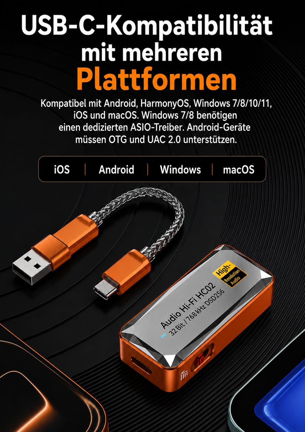 USB-C DAC Kopfhörerverstärker, 3,5 mm und 4,4 mm, HiFi DAC Dongle mit CS43198, 32 Bit/768 kHz, DSD256, tragbarer Audioadapter für Smartphone, Tablet, Laptop und PC, Orange
