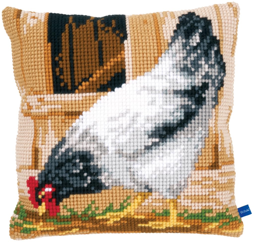 Vervaco Kreuzstich Stickpackungen Kissen Stickerei Set Anfänger Vorgedruckt – Huhn Motiv, ca. 40 x 40 cm