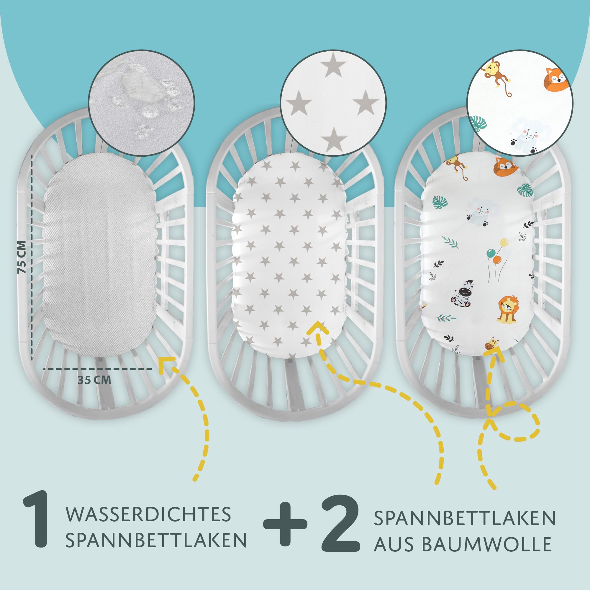Sheet for Moses Basket Bassinet Crib and Fitted Set of 3: 35x75 cm - Image 2