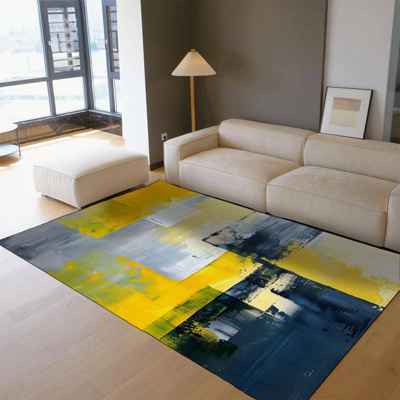 Tapis de Salon 160x230cm Jaune et Bleu : Style Abstrait Peinture à l'Huile