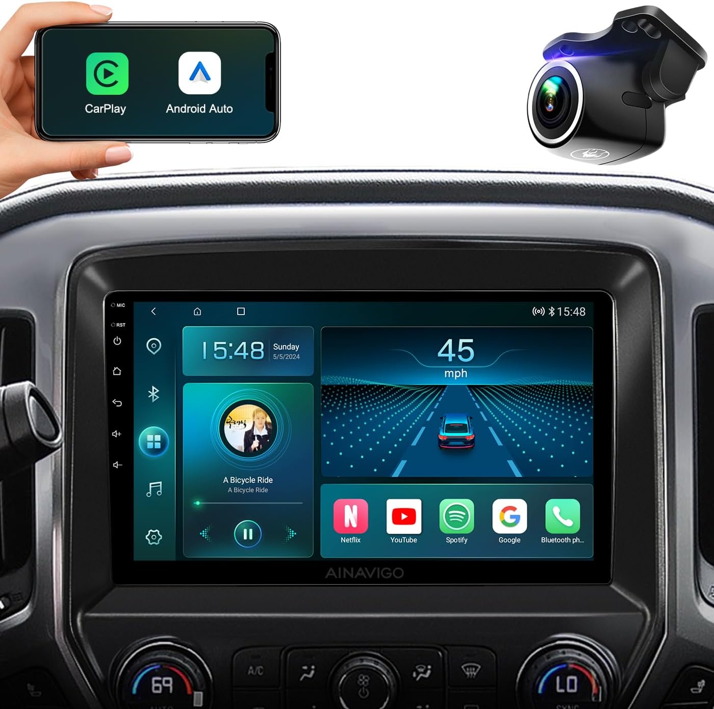 AINAVIGO Qualcomm Replacement Stereo Radio installed in a car dashboard, showing CarPlay and Android Auto icons on a smartphone, and a separate dash camera.