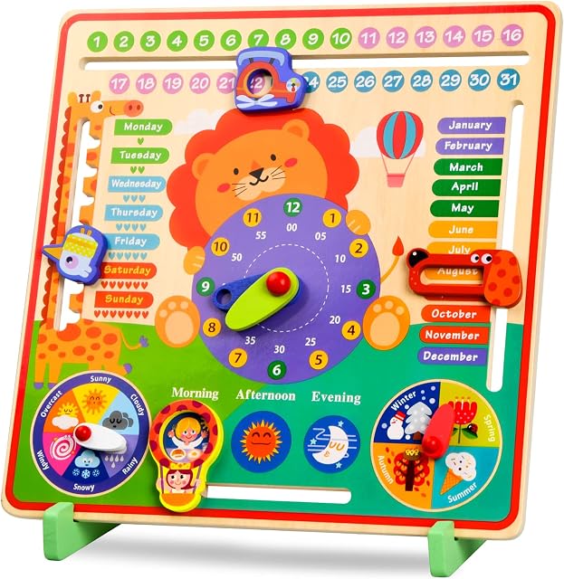 Bezavea Learning Clock, Wooden Learn to Tell the Time Clock, Date, Weather, Kids Calendar, Teaching Clock, Age 3+, Educational Toys, Christmas Birthday Gift for Toddlers Preschoolers Girls Boys