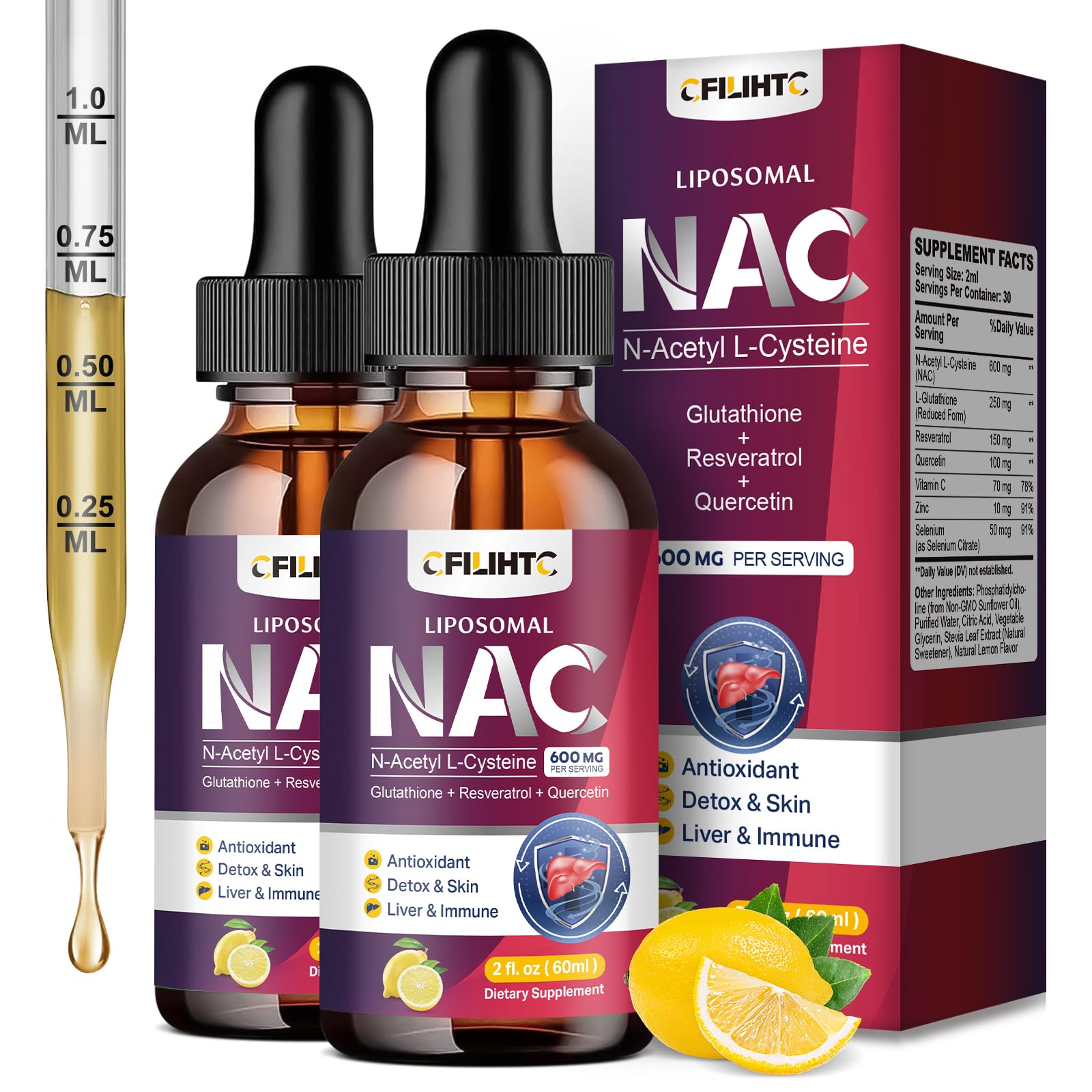 Liposomal Liquid NAC Supplement N-Acetyl Cysteine Drops, N Acetyl Cysteine 600mg with Glutathione, Resveratrol & Zinc for Adults & Kids Liver Lung Antioxidant Immune & Skin Health, Lemon 4 Fl Oz Lemon 2 Fl Oz (Pack of 2)