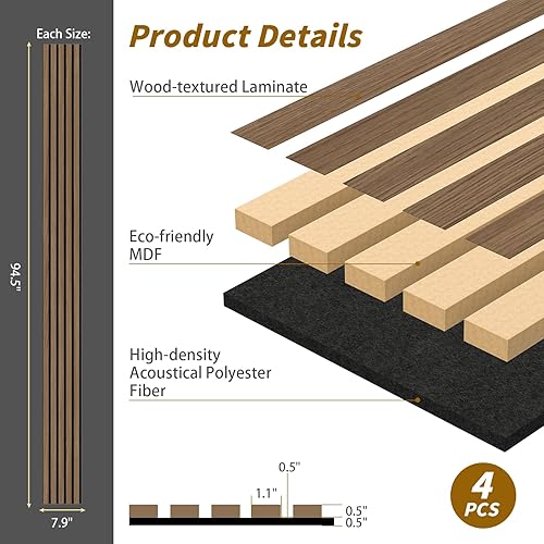 Miniatura 2 de Paneles de pared de madera acústica de 4 piezas para pared y techo, paneles de pared de listones de madera estriada 3D para decoración de pared