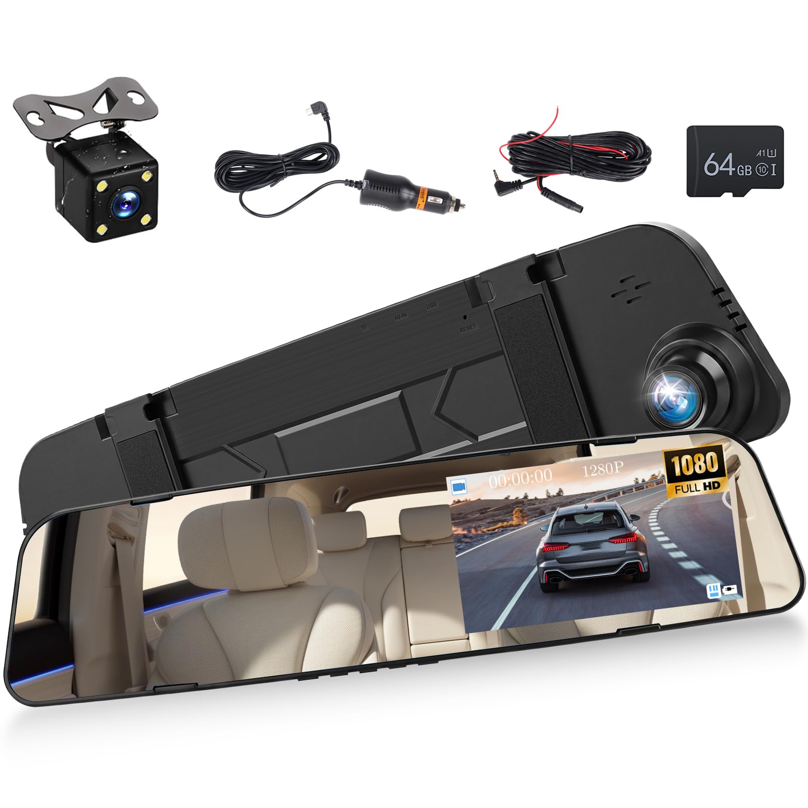 NHOPEEW Dashcam lusterko 4,5" 1080P Ant-Post, karta 64 GB w zestawie