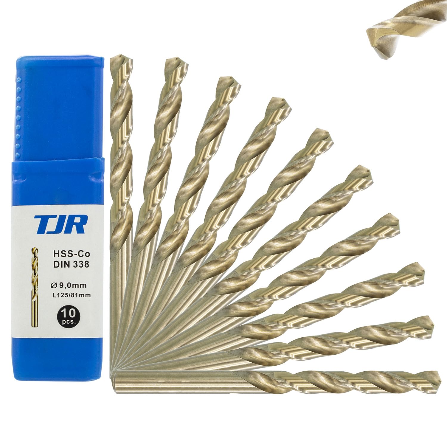 TJR® HSS-E M35 wiertło spiralne kobaltowe stopniowe, samocentrujące wiertło do metalu DIN 338 typ N 135° (10 sztuk Ø 9 mm)