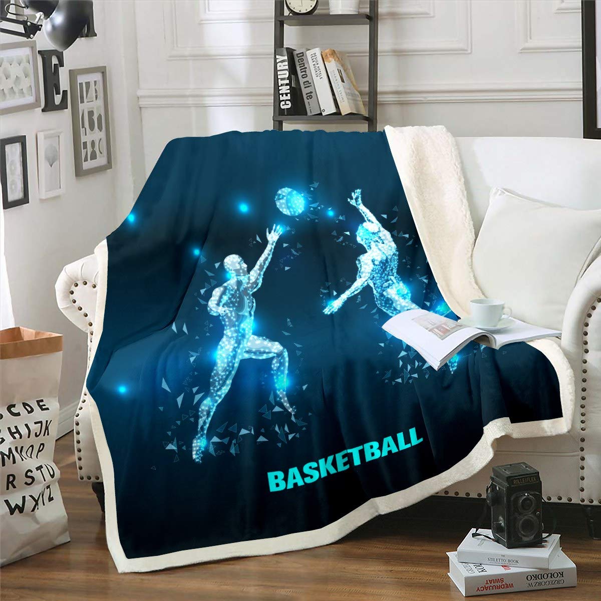 Loussiesd Basketball Sherpa Blankets Sports Theme Throw Blanket for Couch Sofa Travel Teens Men Ultra Soft Basketball Player Pattern Fleece Blankets Bed Decor Blue Geometric Double 60"x79" — image 1