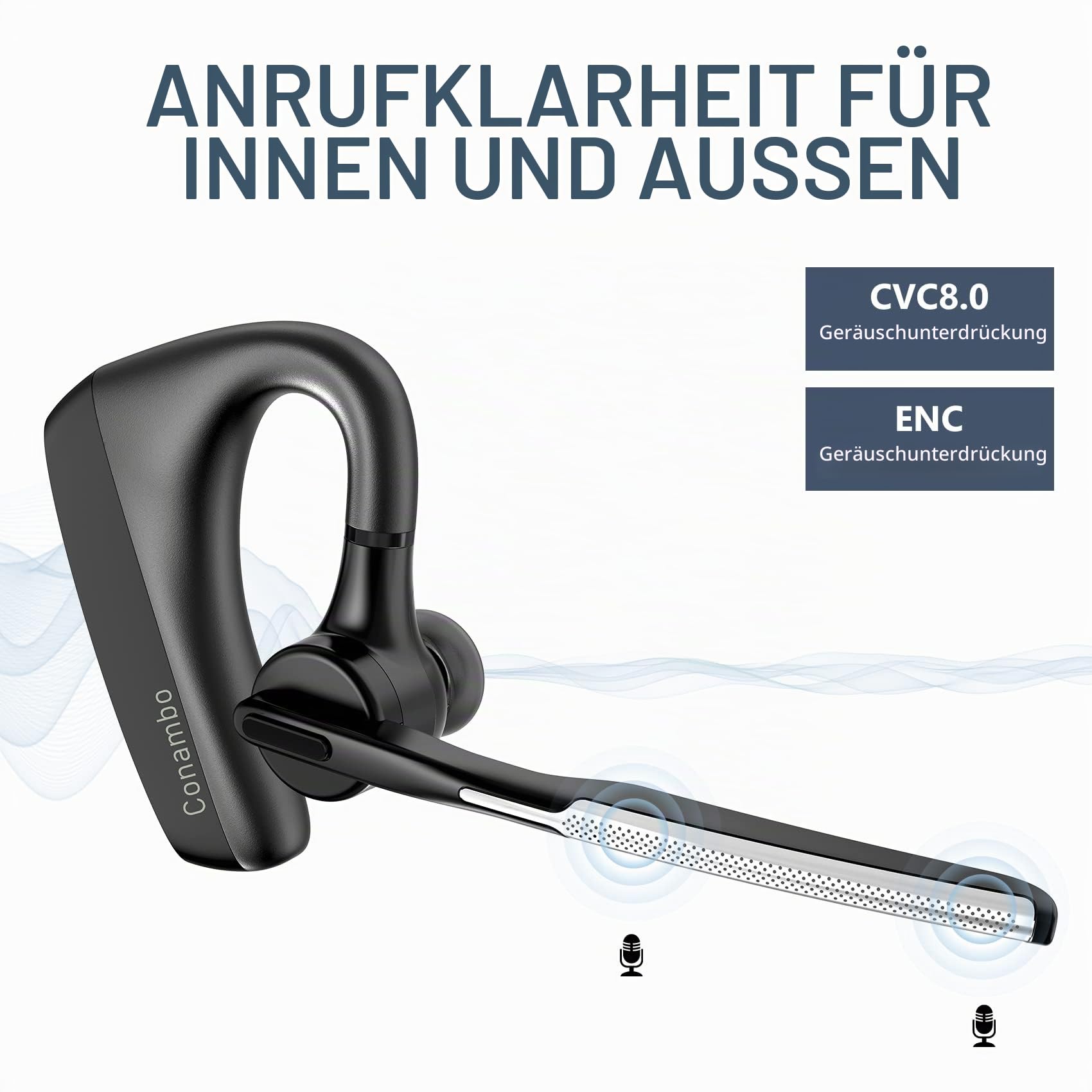 Conambo Bluetooth Headset Wireless Freisprech Headset | CVC 8.0 und ENC Dual Mic 16h Spielzeit Ohrhörer für iOS Android, In Ear Kopfhörer für Trucker/Business/Fernarbeit