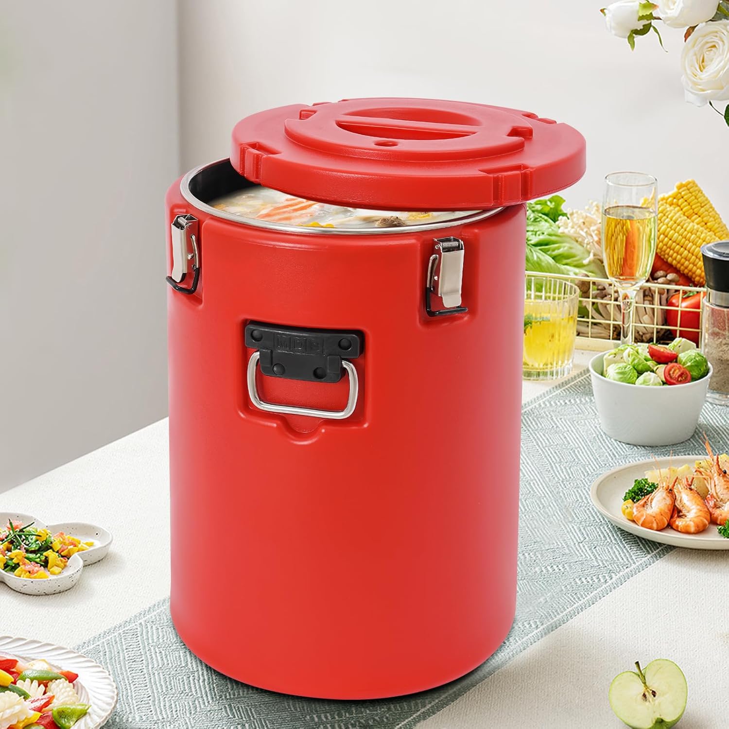 9.25 Gallon Insulated Beverage Cooler Dispenser Camping Cooler Chiller Portable Sports Coolers Round Water Beverage Dispenser with Stainless Steel Interior for Hot or Cold Food Storage (Red)