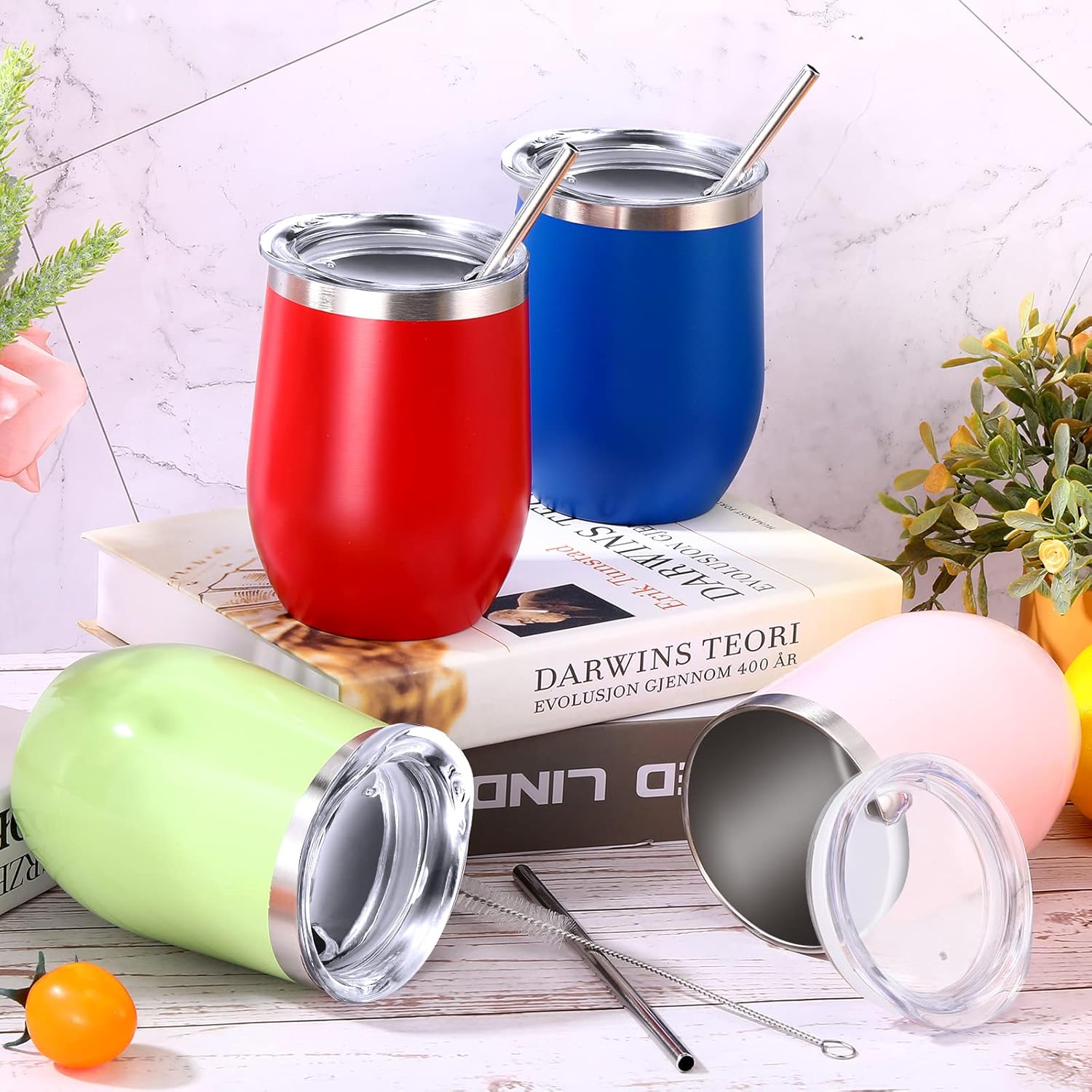 12 Pack Stainless Steel Stemless Wine Tumblers, 12 oz Double Layer Vacuum Wine Tumbler Cups with Lids and Straws, Stemless Insulated Wine Glasses for Coffee, Wine, Cocktails, Champaign, 12 Colors - Image 5