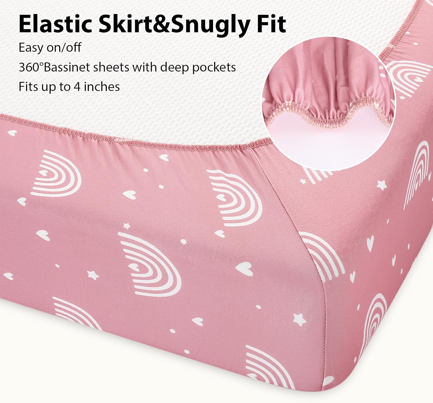 Baby Bedside Bassinet Sheets Fitted Girl, 33”x20” Compatible with Baby Delight Dream On Me & Most Rectangle Bedside Sleeper Bassinet Mattresses, Super Soft Microfiber Pink Rainbow - Image 6