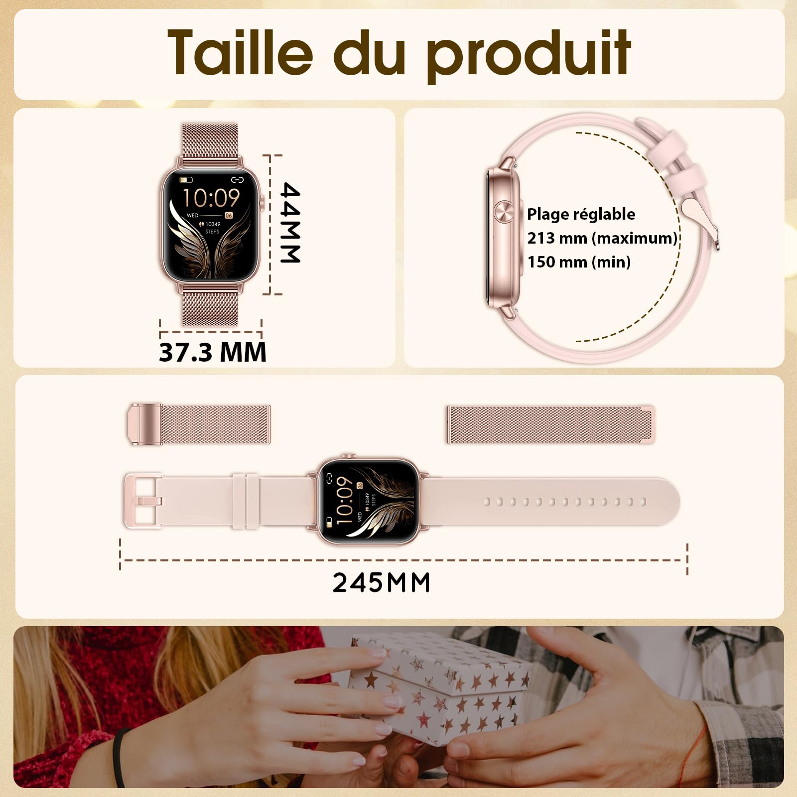 Montre Connectée Femme 3 Bracelets 1.83" HD Fitness Tracker Smartwatch avec Appels Bluetooth/Surveillance Cardio/SPO₂/Sommeil/Podomètre, 120 modes sportifs IP68 Étanche pour iOS Android, Or Rose